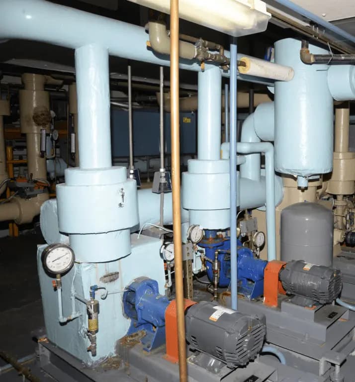 Industrial pumps and piping in a mechanical room